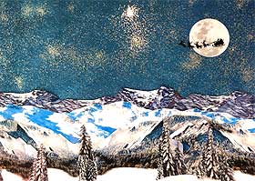 Photograph of the finished Christmas Village backdrop, with mountains, moon and Santa cut-out