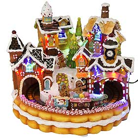 Picture of typical Christmas village-type decoration, with colourful lights and gingerbreadmen