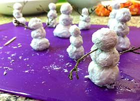 Image of model snowmen being made from tissue paper balls